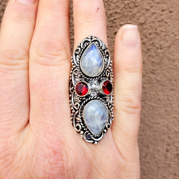New Rainbow Moonstone & Garnet 925 Silver Statement Ring. - Picture 12 of 14